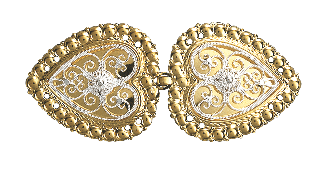 Capespenne med kruser, hvit / forgylt, hardangerbunad