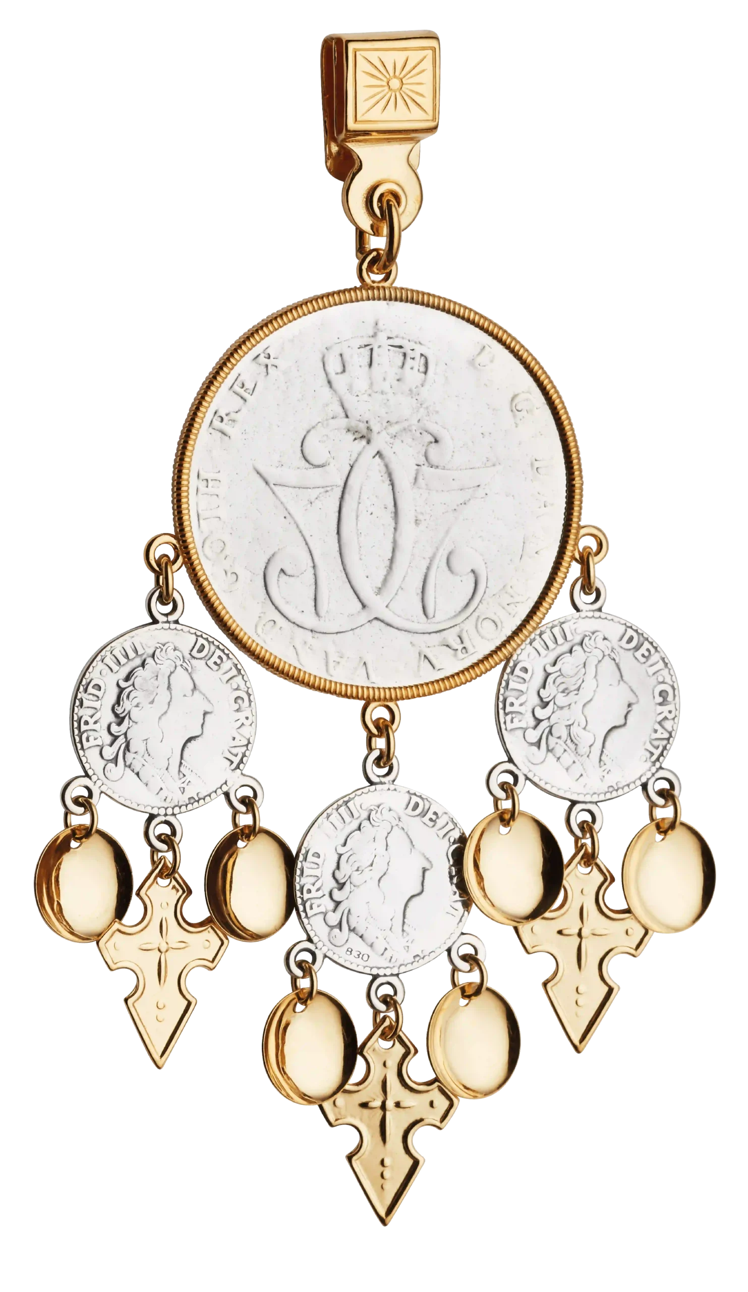 Myntdaler med forgylte løv og oksidert, hardangerbunad