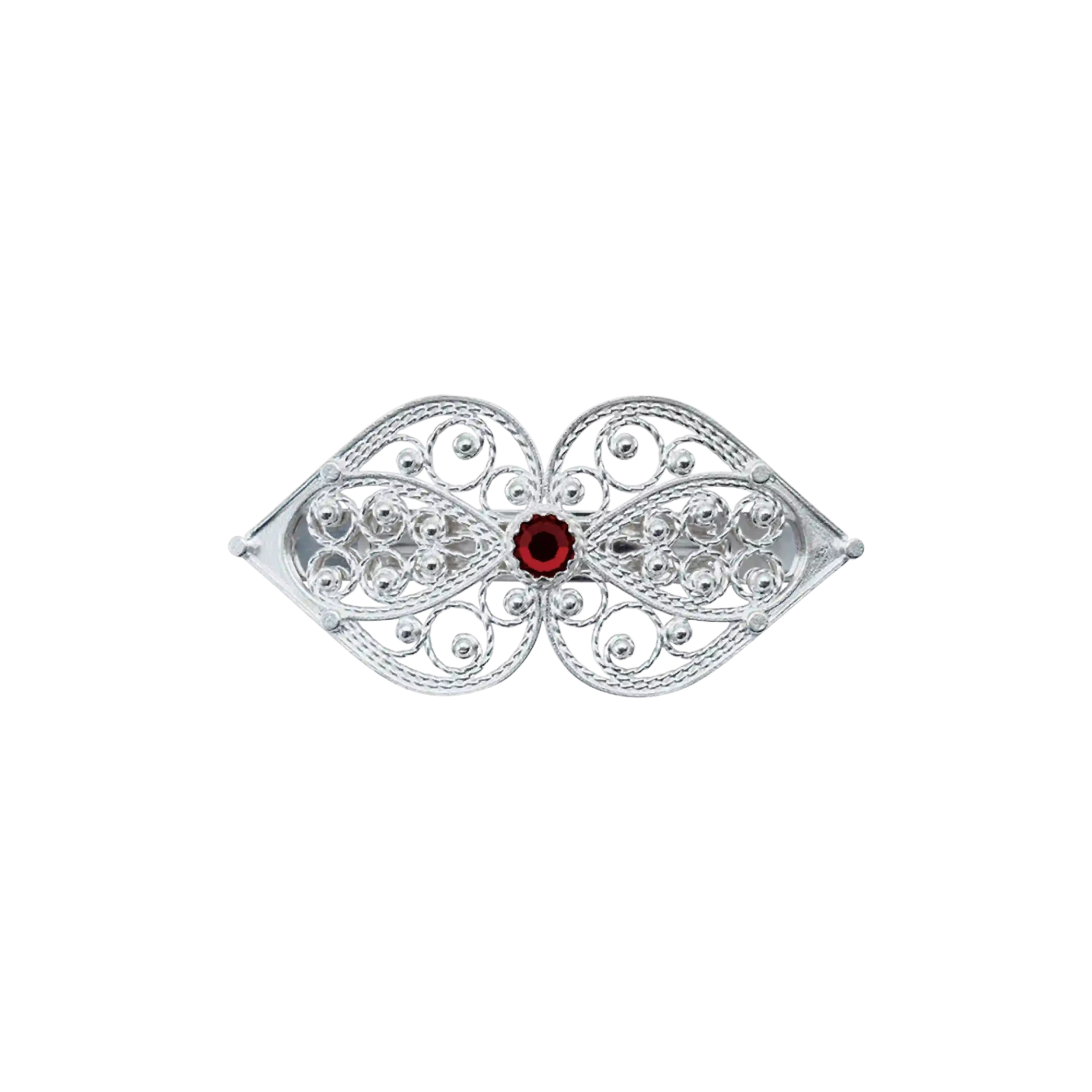 Hårspenne hjertefiligran med rød sten, hardangerbunad