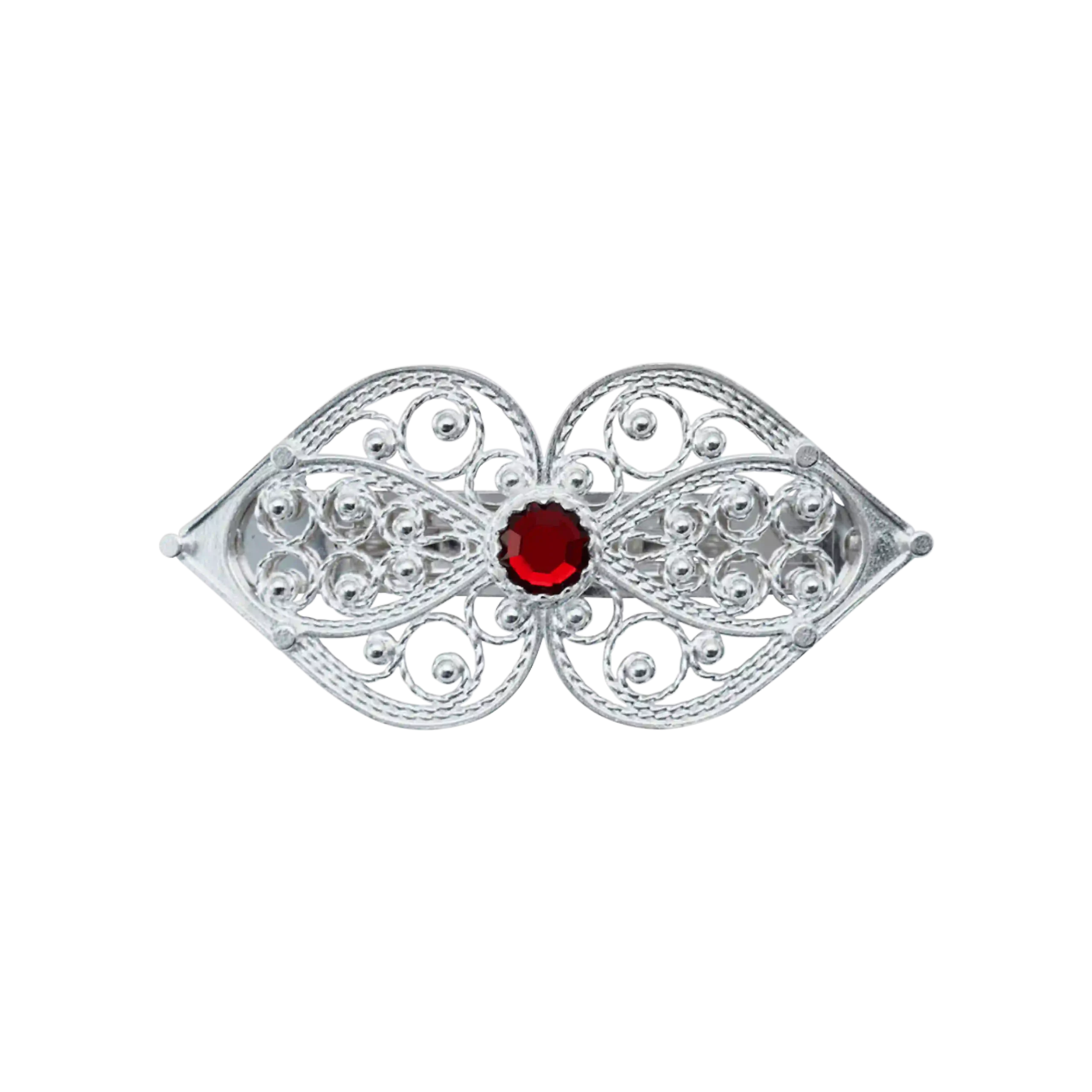 Hårspenne hjertefiligran med rød sten, hardangerbunad