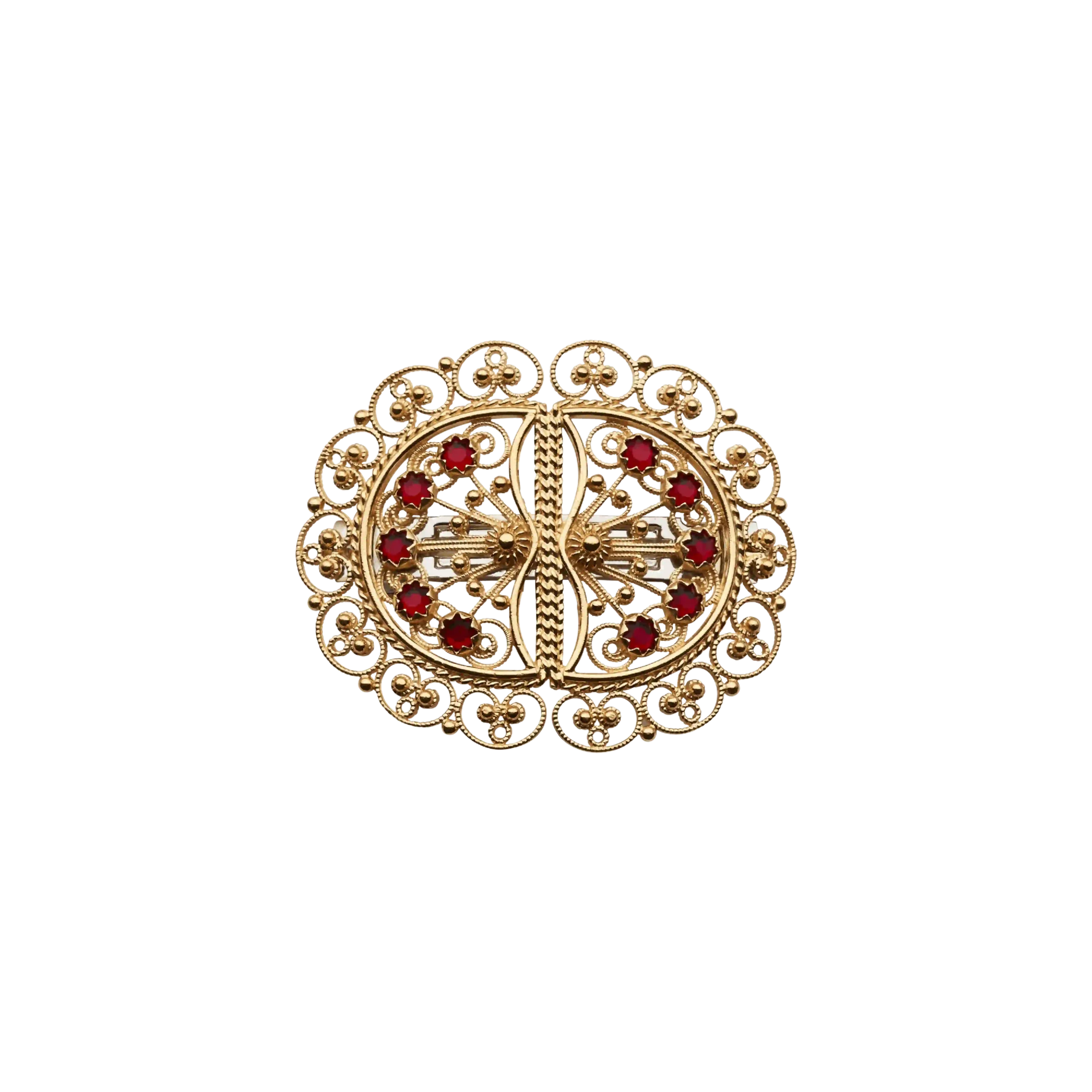 Hårspenne med filigransdekor og røde stener, hardangerbunad