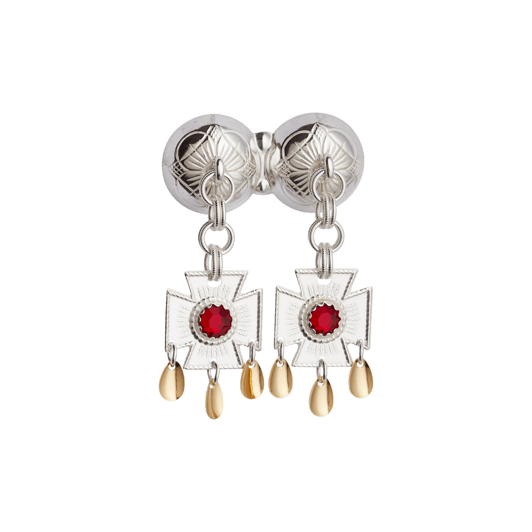 Halssølje med rød sten, hvit / forgylt, hardangerbunad